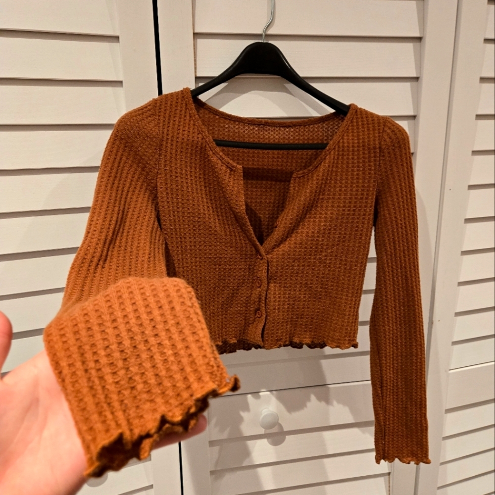 Brown Waffle Knit Button Cardigan